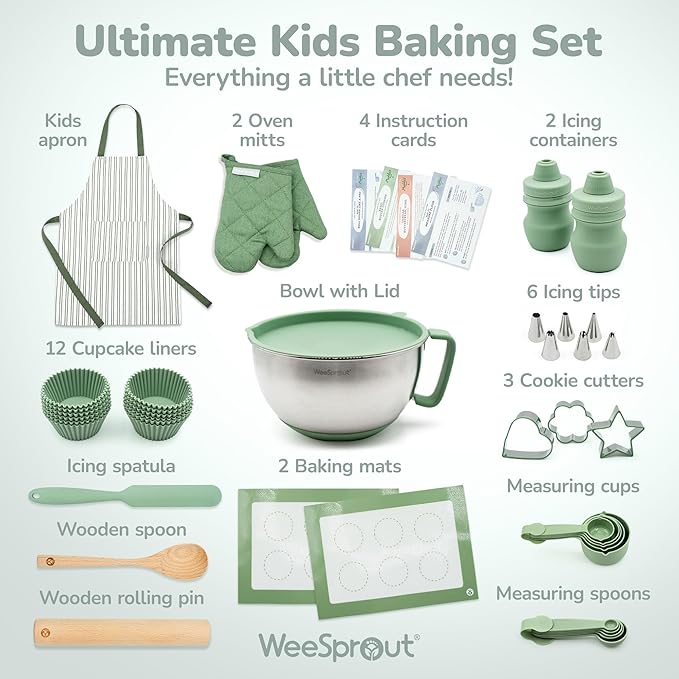Ultimate Baking Kit for Kids - Kids Baking Set with Child Sized Utensils - Includes Apron, Oven Mitts, Silicone Mats & Liners - Perfect Cooking Set for Ages 6-12 - Gift for Children Green
