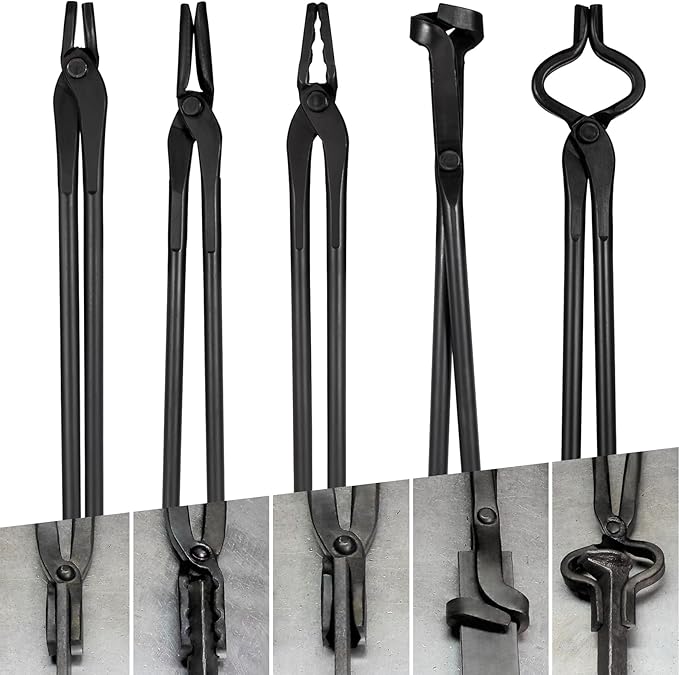 Blacksmith Tongs Set - V-Bit, Flat, Blade, Square Jaw, Wolf Jaw Tongs (5PCS)