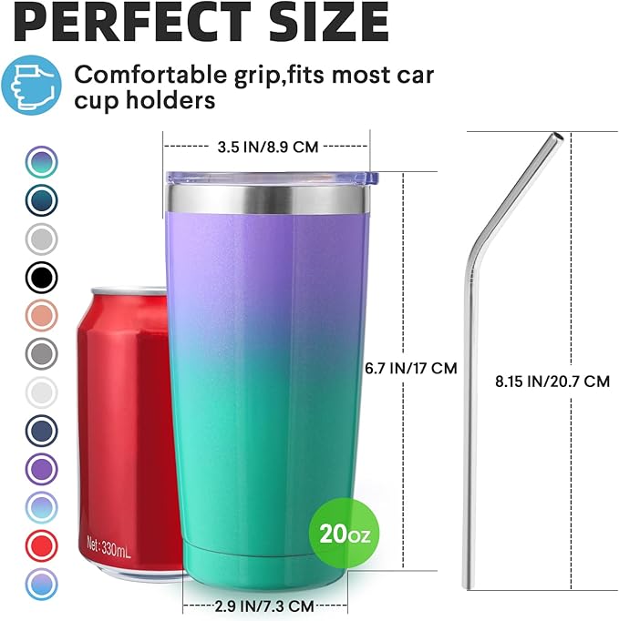 Volhoply 20oz Stainless Steel Tumbler with Lid and Straw Bulk 4 Pack,Double Wall Insulated Travel Iced Coffee Mug Fits Cup Holder,Powder Coated Cups for Cold Drinks,Gifts for Women（Purple Green,4 Set）