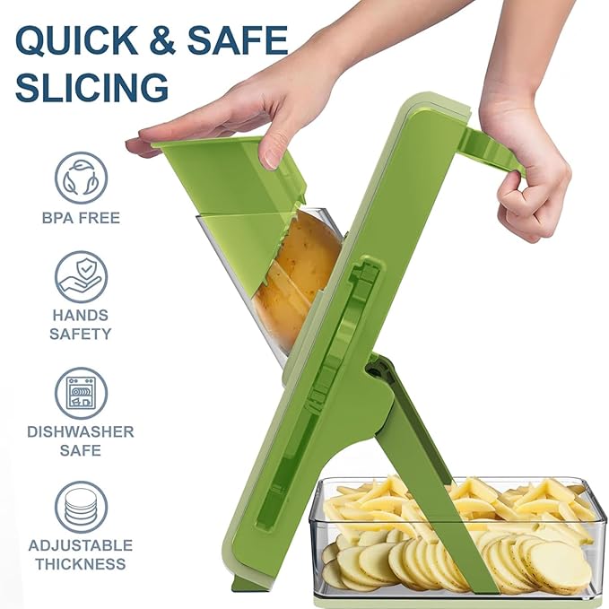 Mandoline Slicer Safe Multifunctional Dicer Adjustable Commercial Slicer Machine Stainless Steel Chopper (Deep Light Green)