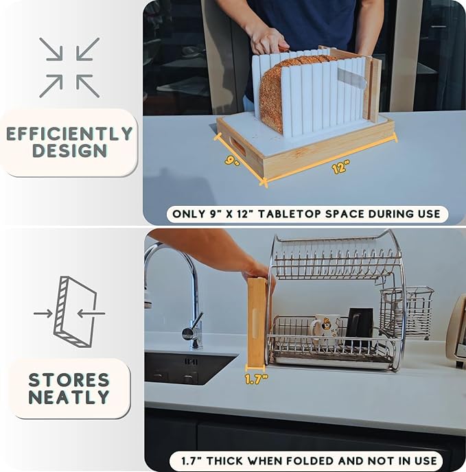 Bread Slicer Guide Cutter for Slicing Homemade Bread, Sourdough, Bagel, Loaves - 3 Adjustable Thickness & Widths, Bamboo Tray, Plastic Base, Foldable Compact, Kitchen Gadget & Gifts