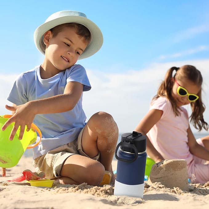Volhoply 14oz KIds Water Bottle with Straw Lid and Silicone Boot Bulk 2 Pack,Stainless Steel Insulated Cups for Boys & Girls Multipack,Double Wall Vacuum Leakproof Bottles(Navy,2)