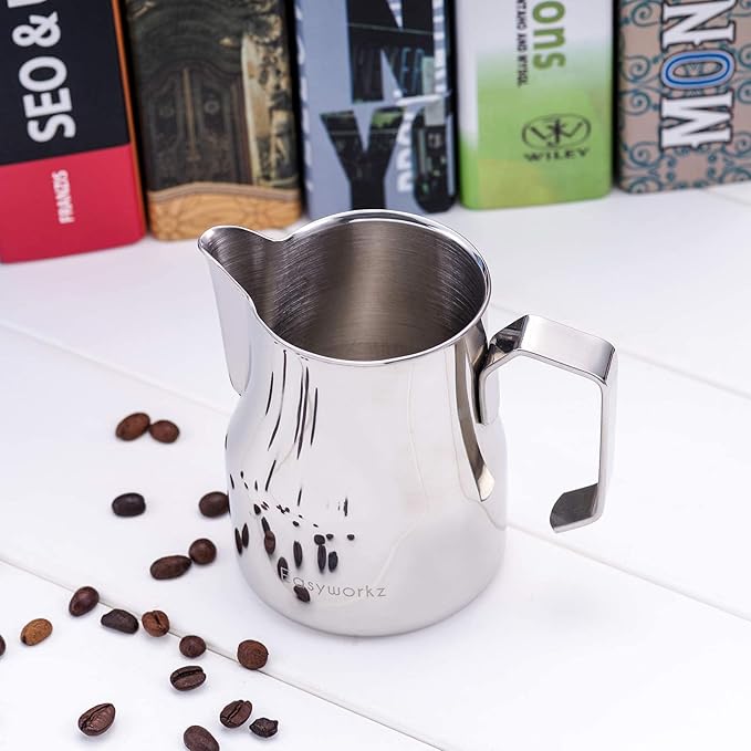Easyworkz Espresso Steaming Pitcher Stainless Steel 12 oz Latte Art Cup (Sliver), Bundled with Easyworkz Espresso Steaming Pitcher Stainless Steel 20 oz (Black)