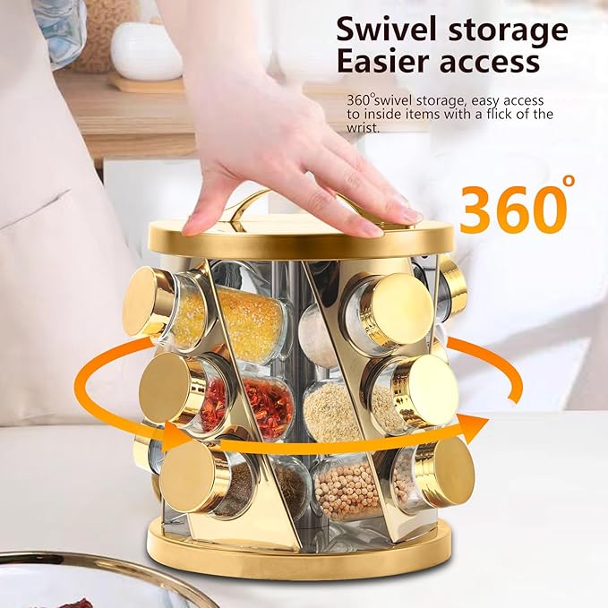 Portable Stainless Steel Spice Rack with 16 Spice Jars Included Revolving Spice Organizer for Kitchen Tower Storage Rack for Spices and Seasoning Gold