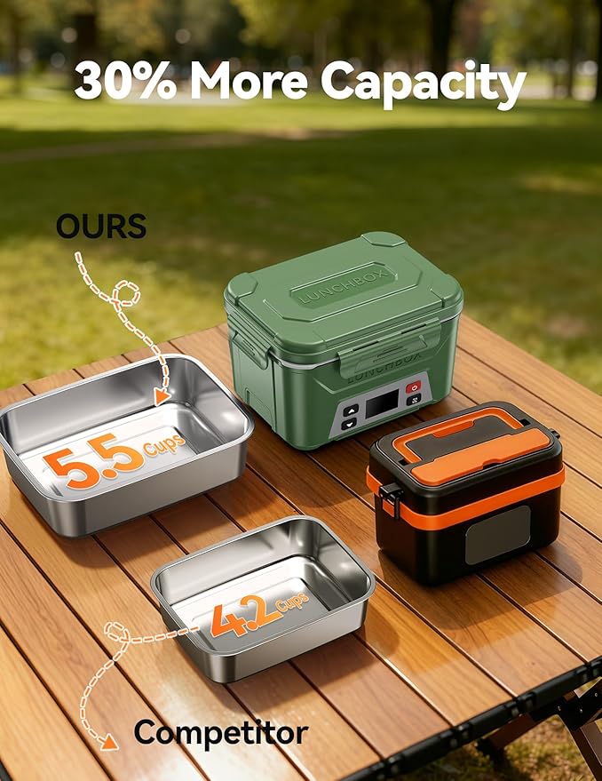 EAST OAK Heated Lunch Box for Men, Electric Lunch Box for Adults, 5.5 Cups Cordless Portable Food Warmer, Rechargeable Self Heating Food Heater with Memory Function, Automatic Keep Warm(Green)