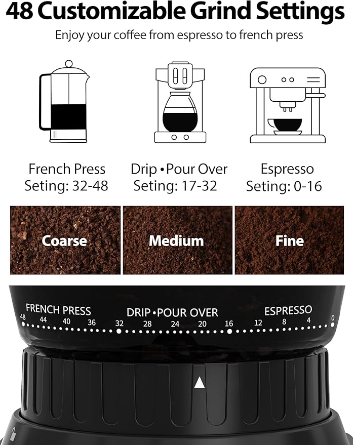 Aromaster Coffee Bean Grinder with 48 Gind Settings, Conical Burr Coffee Grinder for Home Use,Stainless Steel,40 Seconds Adjustable Timer,Anti-static,Easy to Clean with Brush,Black