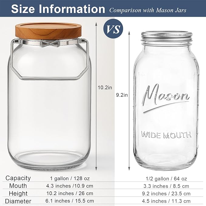 2 Pack Glass Flour Sugar Storage Containers with Handle, 1 Gallon Glass Jars with Airtight Lid, Wide Mouth Large Mason Jars 128oz for Rice, Pasta, Oats, Coffee Storage