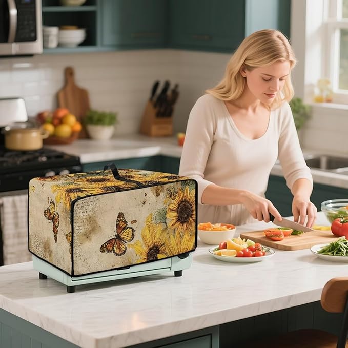 Convection Toaster Oven Cover with Pockets, Easy to Clean, Smart Microwave Baking Oven Dust Cover for Countertop, M, 16.5 x 20.5 x 10 inches, Retro Sunflower Butterfly
