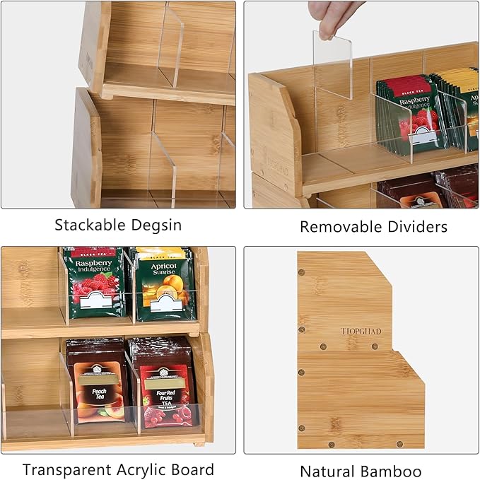 TIOPGHAD 2-Layer Stackable Bamboo Tea Bag Organizer Storage Holder & Rack - Wooden Tea Box Containers - Stand for Countertop or Cabinet