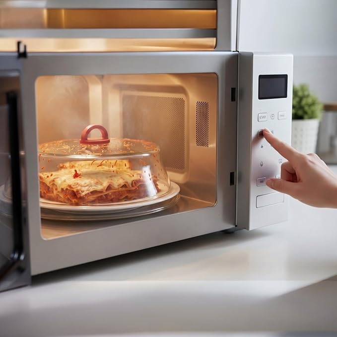 10 Inch Microwave Tempered Borosilicate Glass Plate Cover with Red Easy-Grip Silicone Handle - Unvented to Steam Food -Microwaveable/Oven/Stove Safe - Red Silicone Handle for Safe Easy Grip