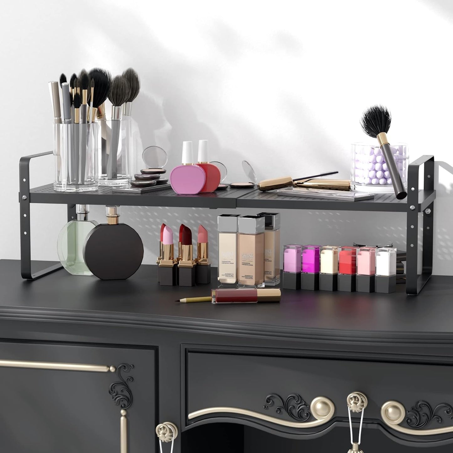 Expandable Cabinet Shelf Organizer Adjustable Metal Spice Rack Stackable Freestanding Counter Storage Shelves for Kitchen Cabinet Under Sink Office Desk (Black - 2Pack - L16.5-27'' * W10.2'' * H9.6'')