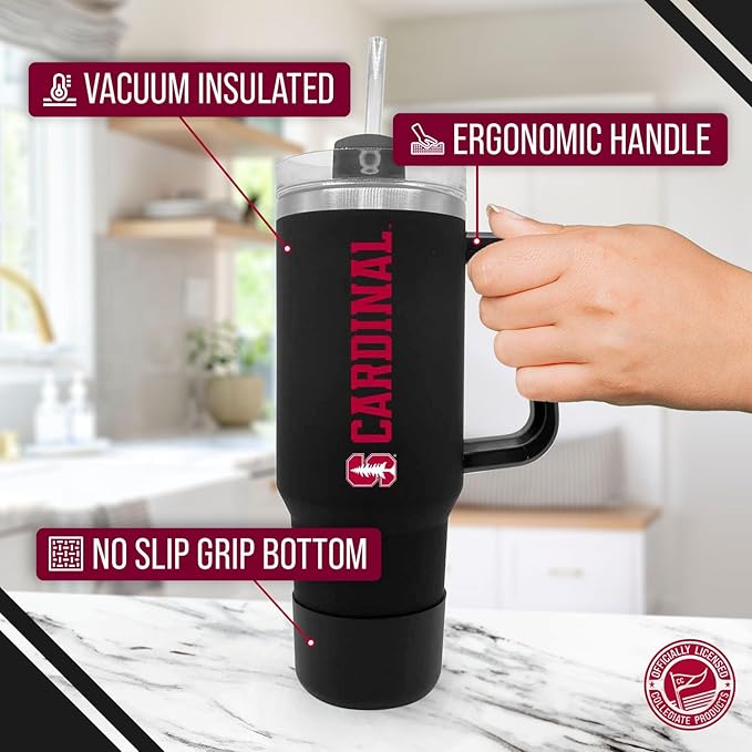 Campus Colors College & University 40 oz Travel Tumbler With Handle - Dual Option Lid With Straw - Vacuum Insulated Stainless Steel (Stanford Cardinal - Black)