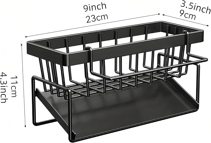 Carbon Steel Kitchen Sink Caddy, Sponge Holder Self Drain Soap Dish with Detachable Dishcloth Rack for Kitchen Countertop Organizer, Black