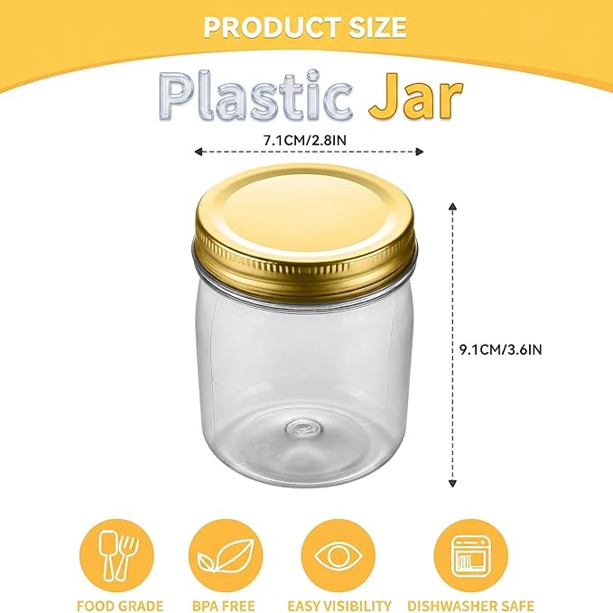 novelinks 8 oz Clear Plastic Jars with Airtight Lids, 8 Pack Plastic Mason Jars with Lids 8oz, Refillable Storage Slime Containers & Small Spice Jar for Kitchen Organization (8 Pack,Gold)