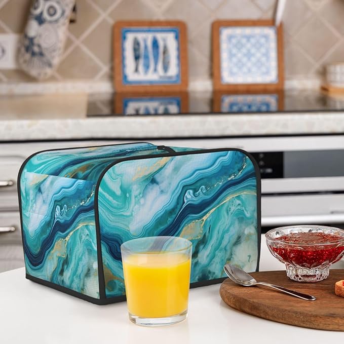 Toaster Cover 4 Slice Teal Turquoise Liquid Marble Print Waterproof Appliance Cover with Hang Loop Bread Baker Toaster Cover for Kitchen
