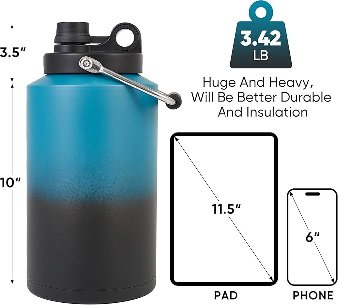 Insulated Gallon Jug with Handle, One Gallon, 128oz Stainless Steel, Large Double Vacuum Water Bottle for Cold Drinks, Wide Mouth, Sweat Proof, Carrier bag, Great for Travel, Camping, Blue Gradient