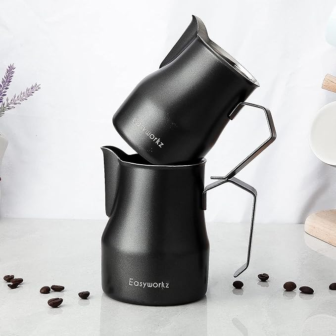 Easyworkz Stainless Steel Espresso Cup 2pcs Set Double Wall 5 oz, Bundled Espresso Steaming Pitcher Stainless Steel 12 oz Coffee Frothing Picther Milk Jug Cappuccino Latte Art Cup