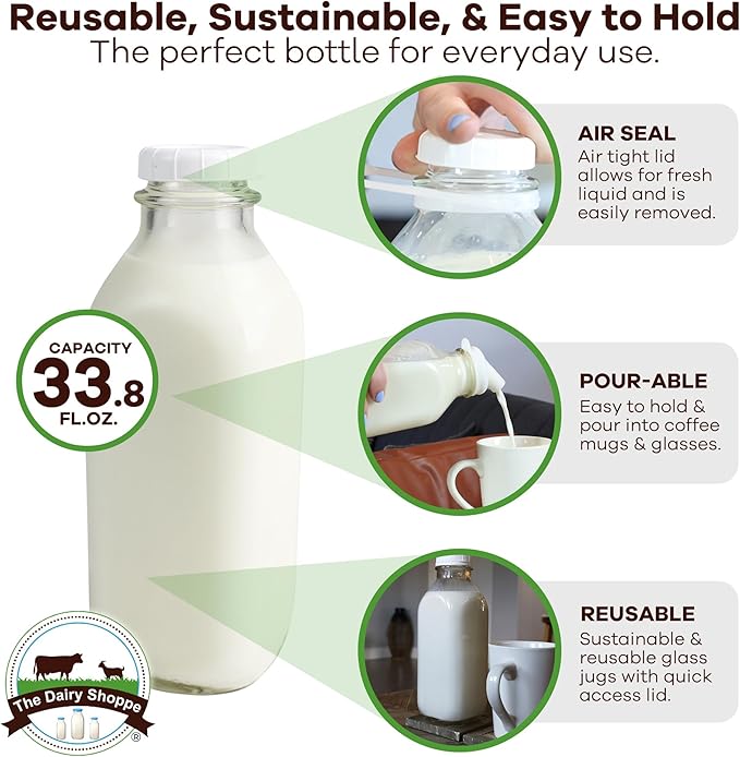 The Dairy Shoppe Heavy Glass Milk Bottles - Jugs with Extra Lids and a Silicone Pour Spout - Clear Milk Containers for Fridge - Reusable Glass Milk Jug Dispenser - Made in USA (33.8 oz, 2 Pack)
