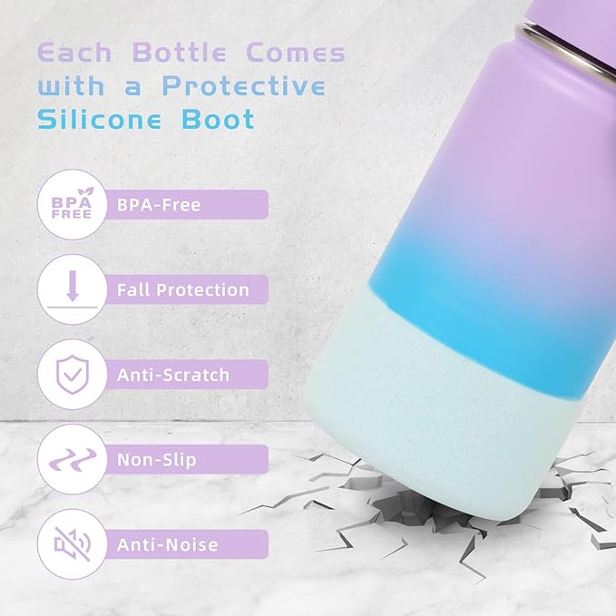 Volhoply 14oz KIds Water Bottle with Straw Lid and Silicone Boot Bulk 6 Pack,Stainless Steel Insulated Cups for Boys & Girls Multipack,Double Wall Vacuum Leakproof Bottles(Lavender Blue,6)