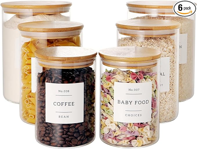 CZZGSM Set of 6 Glass Flour and Sugar jars with 132 Kitchen Pantry Labels - Thicken Large Glass Storage containers with Airtight Bamboo Lid - Rice Canisters for Salt Coffee - 100OZ/54OZ/27OZ