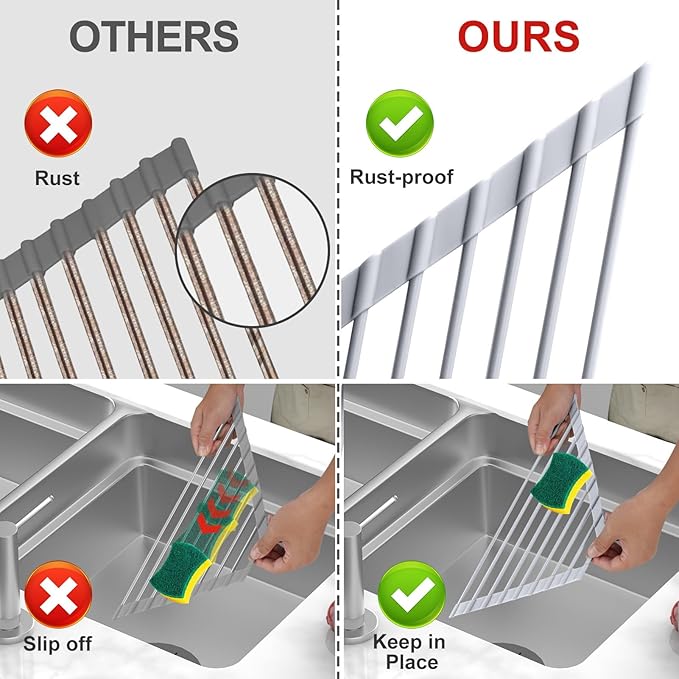 MERRYBOX Triangle Roll Up Dish Drying Rack Over The Sink, 2025 Anti-Rust Sink Drying Rack with Full Silicone Wrapped for Top of Corner, Anti-Slip Organizer for Kitchen