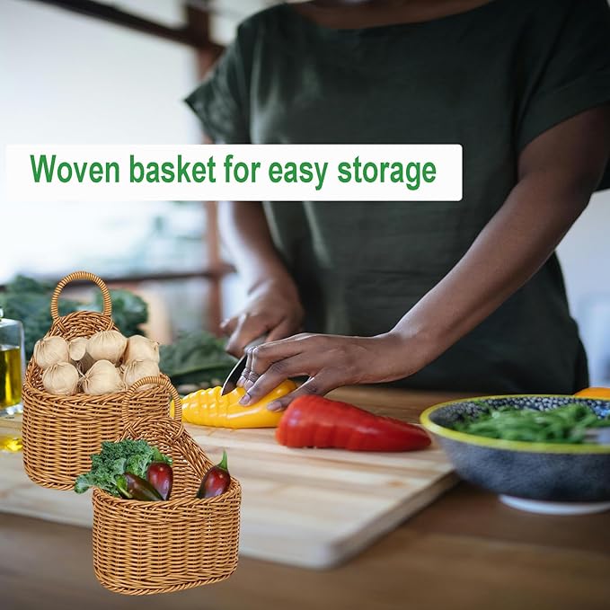 2Pcs Hanging Storage Baskets, Plastic Woven Hanging Basket with Hook, Flower Bin with Handle Kitchen Wall Basket for Ginger Garlic(Brown)
