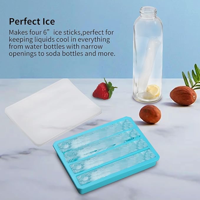 Water Bottle Ice Mold Tray - Silicone Creates 16 Frozen Sticks for Sports, Soda, & Bottled Beverages,Easy to Remove Ice,Reusable Maker with Lid for Stacking (Blue 4 Pack)