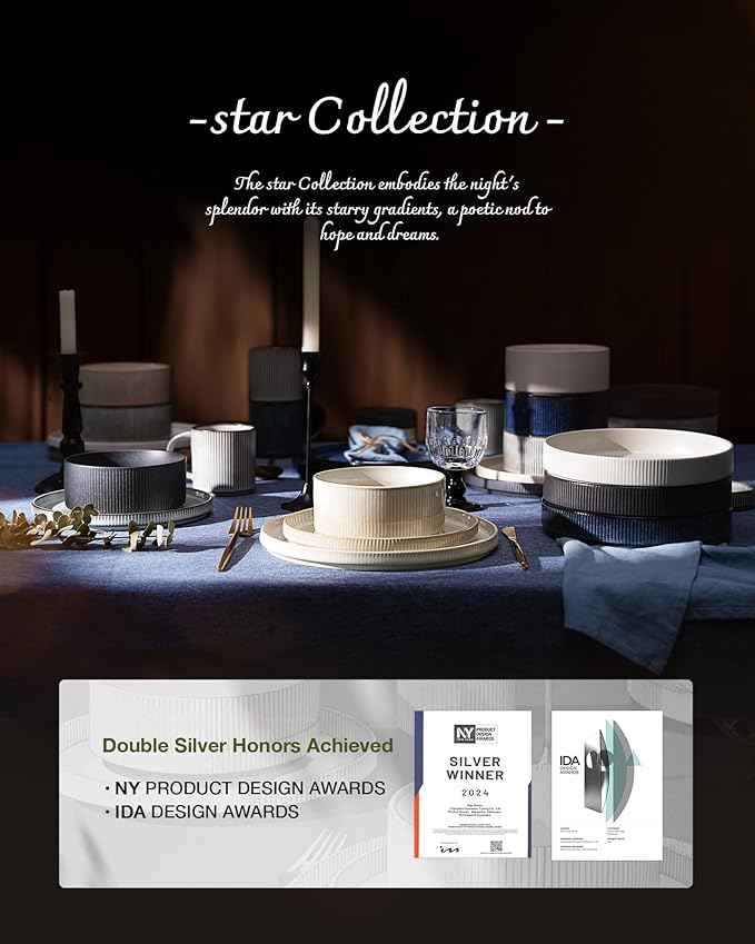 Famiware Star Dinnerware Set with Pasta Bowls, Service for 6 (24 Pieces), Ribbed Stoneware Plates and Double Bowls Sets - Chip & Scratch Resistant, Microwave & Dishwasher Safe, Matte Dark Charcoal