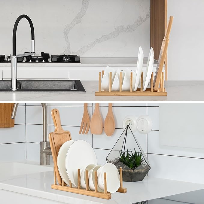 INNERNEED Bamboo Wooden Dish Rack, Vertical Plate & Lid Organizer for Kitchen Cabinet or Countertop, Drying Stand for Dishes, Cutting Boards