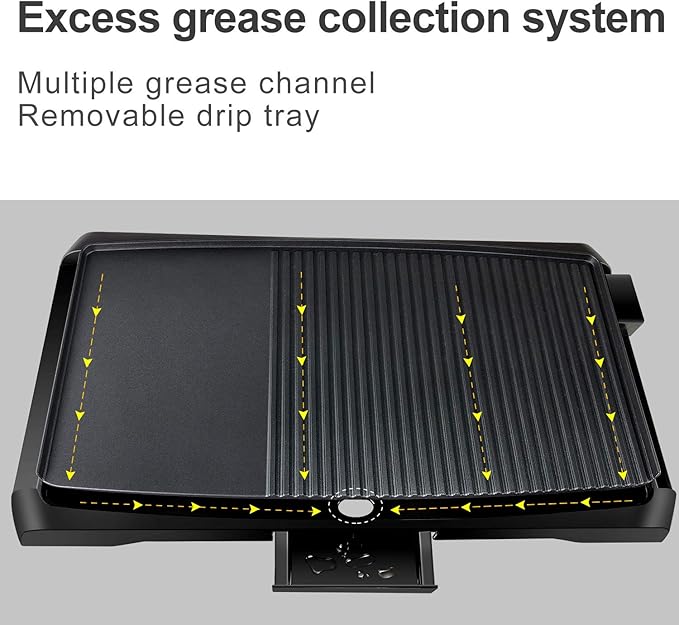 Health and Home 2-in-1 Nonstick Indoor Smokeless Electric Griddle ,21 Inch Extra Large Surface With Slide-Out Drip Tray Oil Collection ,Adjustable 5-Level Thermostat,Family Size Electric Griddle