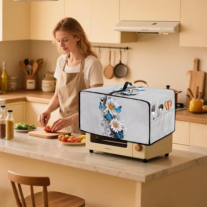 Toaster Oven Cover Dust-Proof Countertop Convection Oven Cover Protective Smart Microwave Oven Accessories and Decor, L, 18.5 x 22.5 x 13 inches, Daisy Butterfly Gray