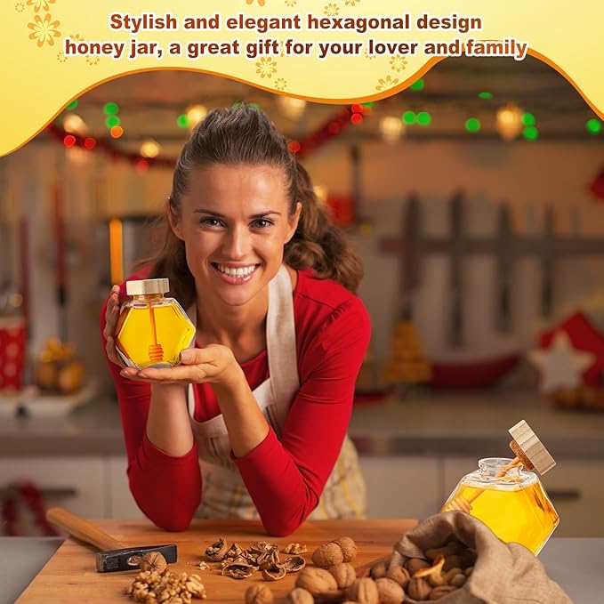 Sunnyray 20 Pcs Glass Honey Jars with Dipper Hexagonal Clear Glass Dispenser Small Honey Containers Bottle with Wooden Dipper and Cork Lid for Home Storage Kitchen (100 ml)