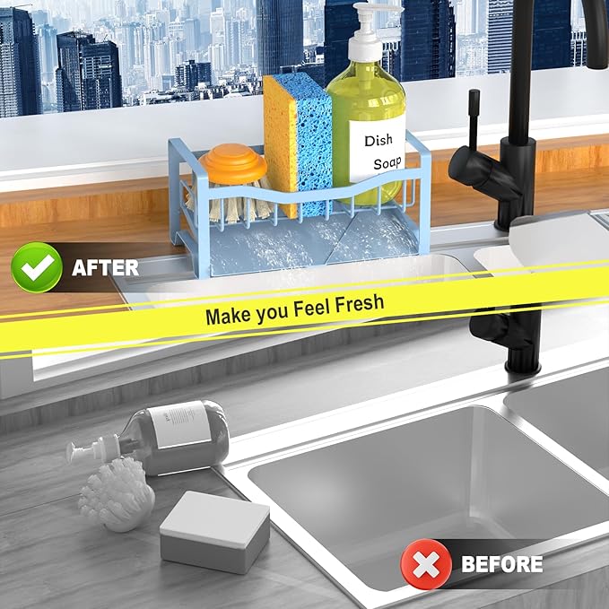 Maifan Stainless Steel Kitchen Sink Caddy Organizer with Auto Drain Tray, Sponge Holder for Countertop Storage