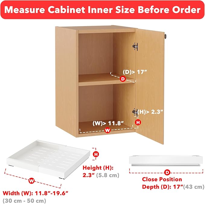 SpaceAid Pull Out Cabinet Organizer, 1 Pack Expandable 11.8"-19.6" (Need to Pull to Widen) Heavy Duty Pull-Out Drawer with Adhesive Tape for Kitchen Storage Cabinets (White, 17" Deep)