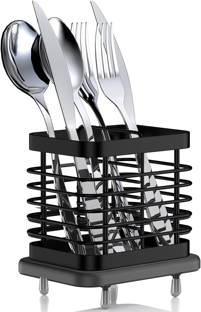 Utensil Holder for Kitchen Counter, Small Stainless Steel Cutlery Holder Organizer with Drying Diatomaceous Earth Base, 2 Slots Utensil Drying Rack Spoon Fork Organizer Crock Storage, Black