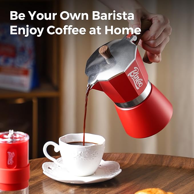 Bincoo Espresso Maker Stovetop, Moka Pot 3 Cups, Espresso Pot Classic Italian Coffee Maker,Single Safety Valve (Red, 3 Cup)