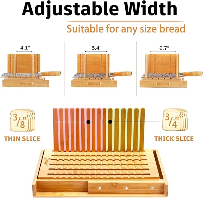 Bread Slicer for Homemade Bread, Adjustable Thickness and Width Slicing Guides, Plug in Slicer Guide Design, with Crumb Tray, Damascus steel pattern knife, for Cakes, Bagels