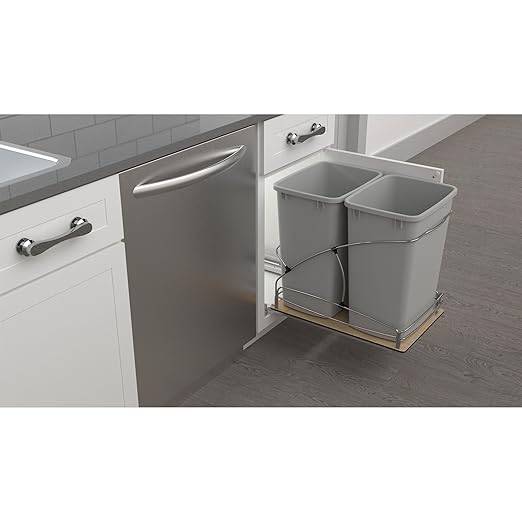 Rev-A-Shelf Steel Bottom Mount Double 35 Quart 8.75 Gallon Waste Bin Trash Container for Under Kitchen Cabinet with Soft Close, Gray, 54WC-1835SC-17-1