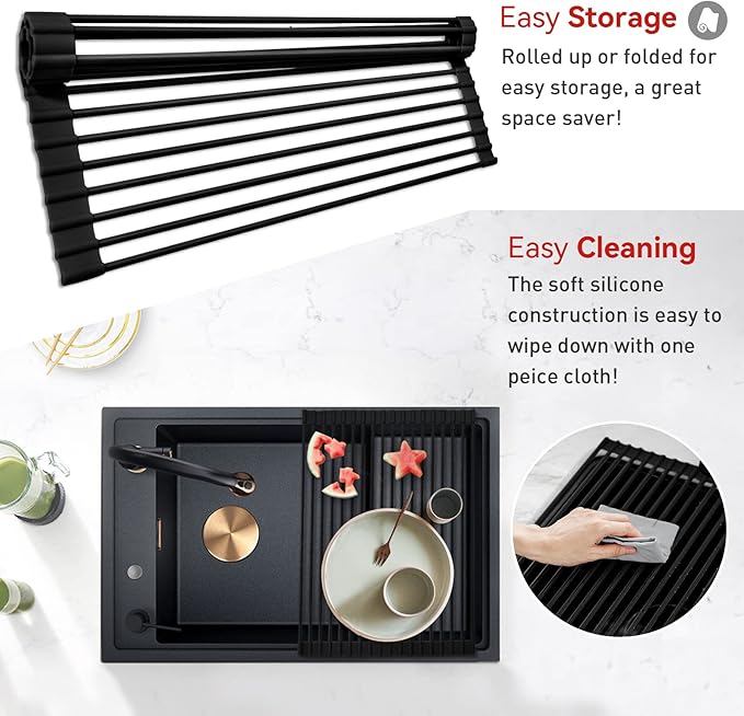 MERRYBOX Roll Up Dish Drying Rack, Silicone Wrapped Over The Sink Dish Rack Foldable Dish Drainer Anti-Slip Dish Racks for Kitchen Counter, Multipurpose Kitchen Sink Drying Rack, 18" x 13", Black