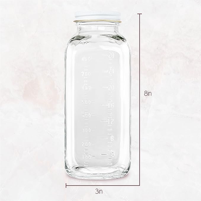 kitchentoolz 32oz Square Glass Milk Bottle with White Metal Airtight Lids - Vintage Reusable Milk Jugs - Dairy Drinking Containers for Milk, Yogurt, Smoothies, Kefir, Kombucha, and Water