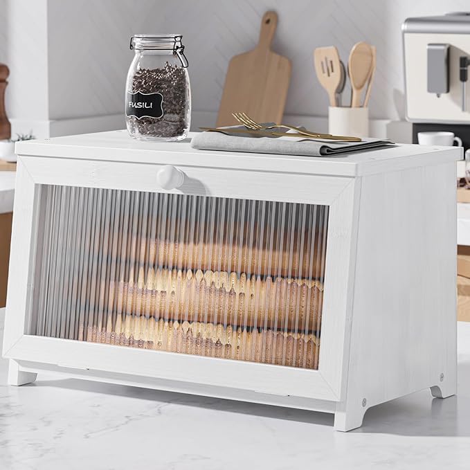 Kitsure Bread Box - Wooden Bread Box for Kitchen Countertop, Large Capacity Kitchen Countertop Organizer, Stylish Bread Storage with Window, Multi-functional Container, White, 15.0"x8.3"x9.1" (1T)