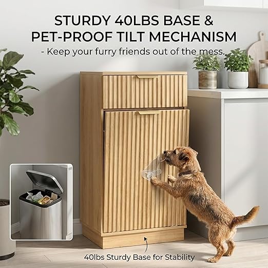 13 Gallon Tilt Out Trash Can Cabinet with Storage, Wooden Farmhouse Trash Can Kitchen Hideaway, Sturdy Freestanding Single Trash Cabinet, Pet-Proof Hidden Garbage Can Cabinet for Kitchen, (Oak)