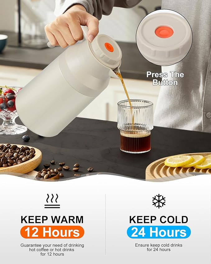 2 PCS Thermal Coffee Carafe Insulated Stainless Steel Coffee Carafe for Hot Liquid Vacuum Thermal Pot Creamer Pitcher Dispenser Keeping Hot Water Milk(Black/White 68 oz)
