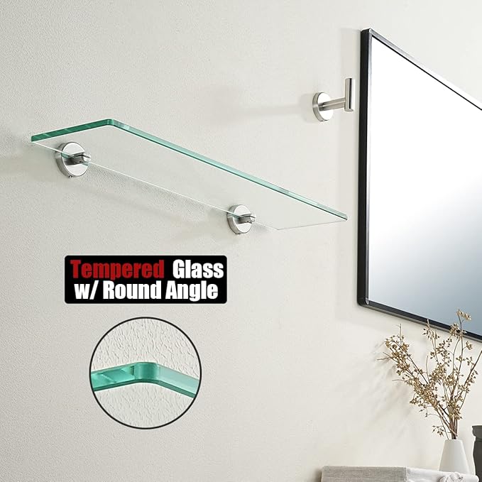 JQK Bathroom Glass Shelf, Tempered Glass Shower Storage 20 by 5 inches, 304 Stainless Steel Brushed Finish Wall Mount, TGS101L20-BN