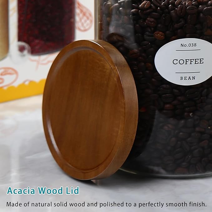 1 Gallon Glass Jars with Acacia Wood Lids and glass spoon, Sealable Waterproof, Borosilicate Large Tall Glass Sugar Flour Storage Container Jar Set for Coffee, Nut, Candy, Cereal - 2 Pack