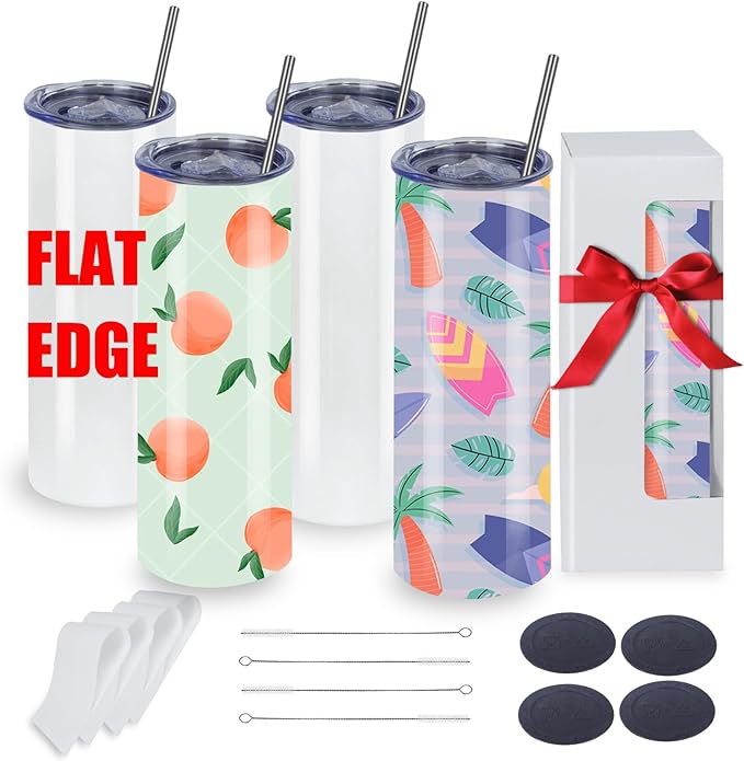 4 Pack 20oz Flat Edge Sublimation Tumblers Bulk, Sublimation Tumbler Blank, Skinny Straight Stainless Steel Blanks Cups with Individual Box (4, 20OZ FLAT EDGE)