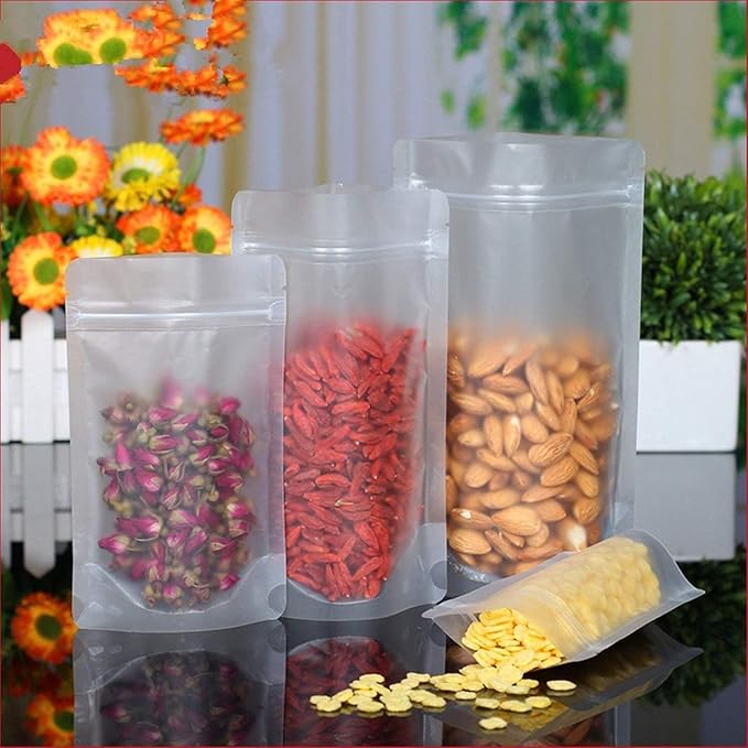 PABCK 100 Pack Resealable Stand Up Bags Matte Clear Zipper Lock Heat Seal Pouches with Tear Notch for Zip Food Storage Lock Packing 14x20cm (5.5x7.9 inch)