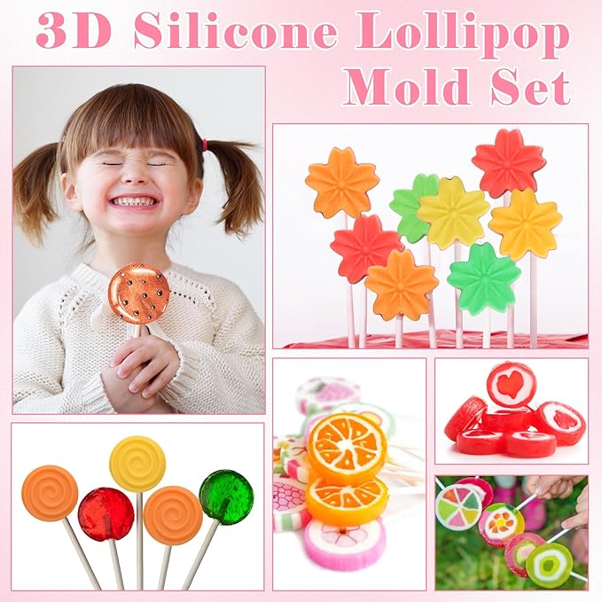 303Pcs Silicone Lollipop Molds Kit, Lollipop Maker Molds Set, Non-Stick Lollipop Candy Molds for Chocolate, 3D Flower Silicone Mold for Hard Candy with 100P Sticks, 100P Candy Bags, 100P Ties