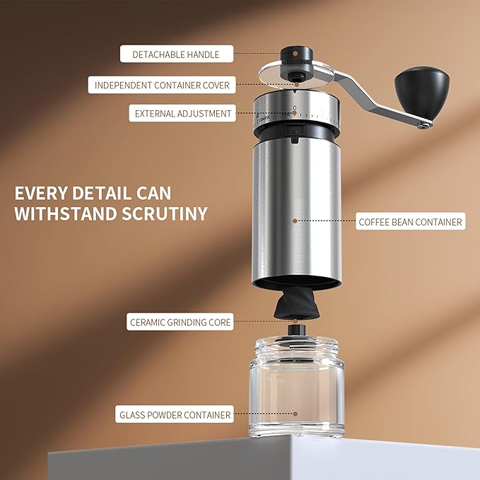 Portable Coffee Grinder Conical Burr for Espresso French Press Pour Over Double Bearing Internal Adjustment Capacity 25g (Silver-Ceramic Burr)