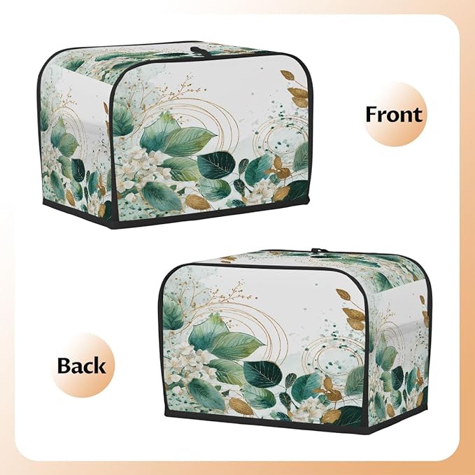 2 Slice Toaster Cover,Sage Green Eucalyptus Leaves Floral Gold Line Small Kitchen Appliance Bread Machine Cover with Pockets,Dust & Fingerprint Protection
